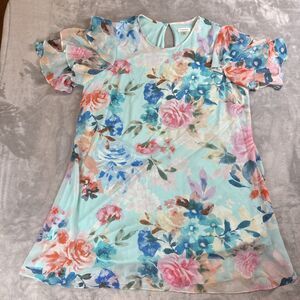 Calvin Klein Women’s Plus 22W Floral Dress Blue Green Ruffle Sleeve Polyester